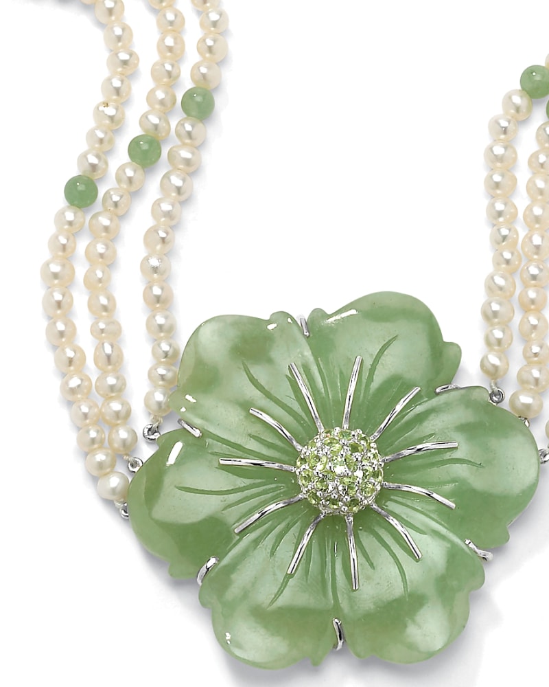 Front of a size 16 in 1.20 TCW Jade and Cultured Freshwater Pearl Necklace in .925 Sterling Silver in Green by PalmBeach Jewelry. | dia_product_style_image_id:286517